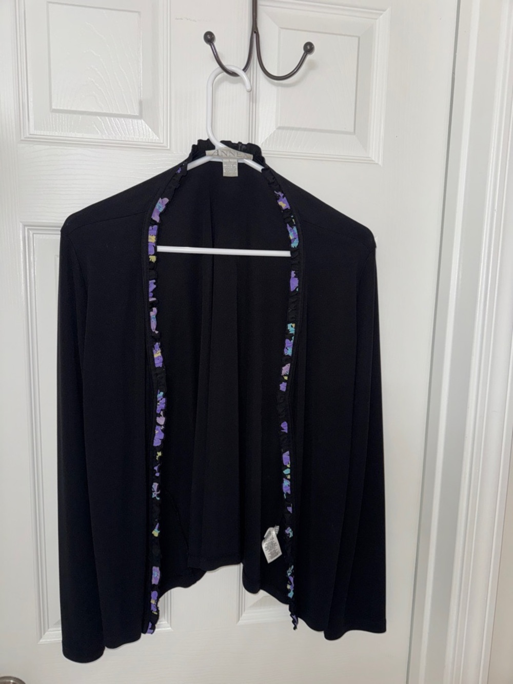 Casual Corner Black Open-Front Cardigan with Floral Trim
